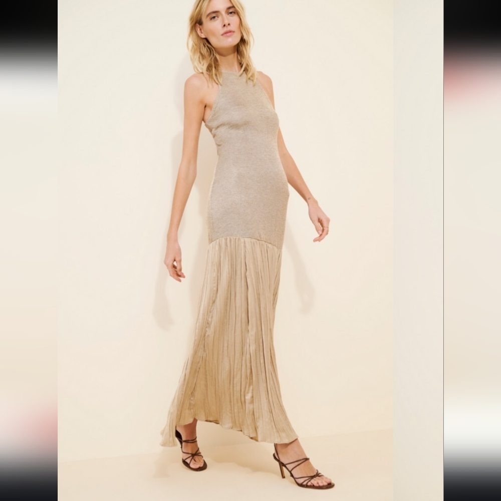 Anthropologie Celandine Sleeveless Beige Maxi Dress with Pleated Skirt